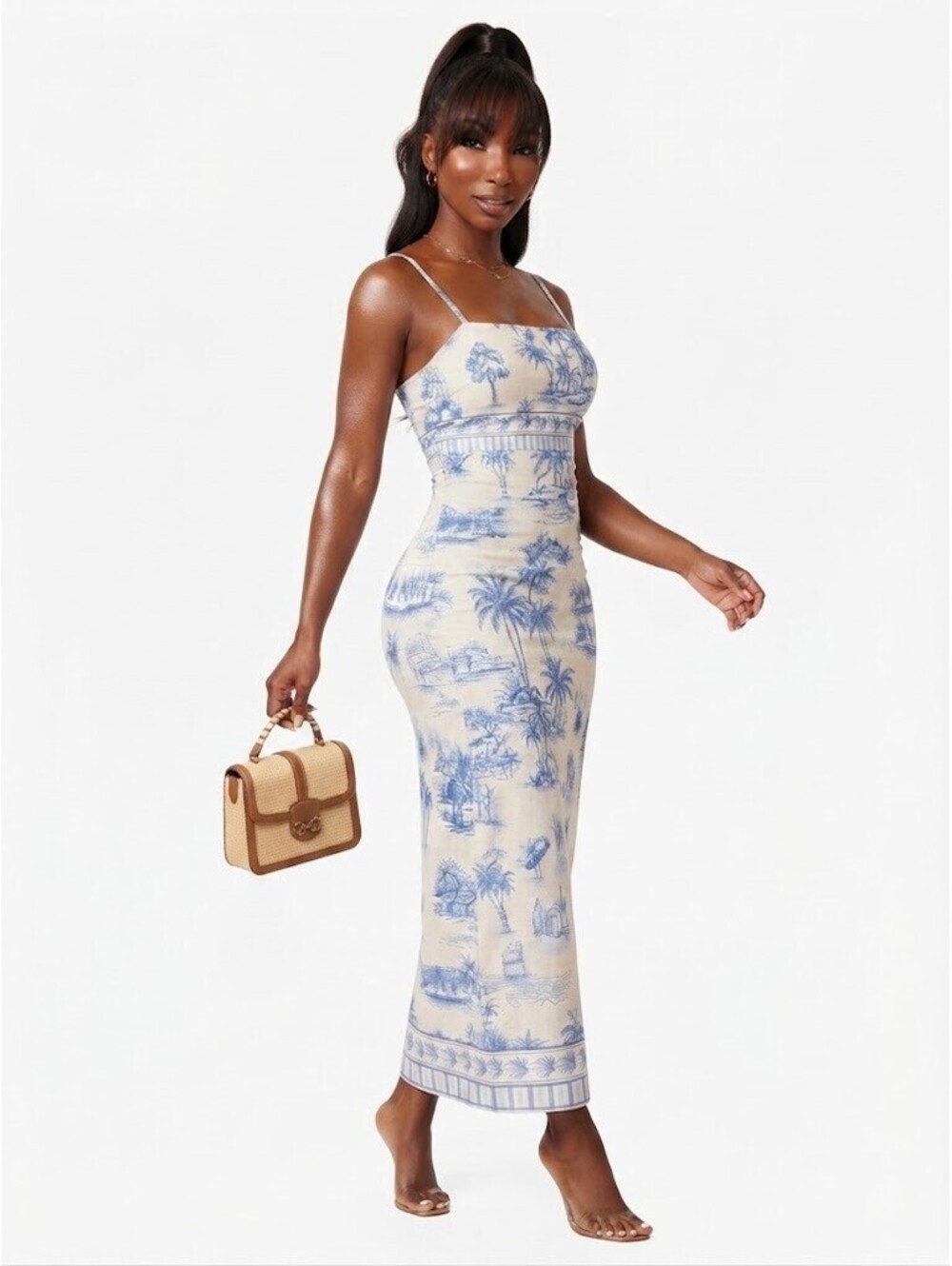 NWT Endless Moon Blue Ocean Horizon Palm Tree Toile Maxi Dress